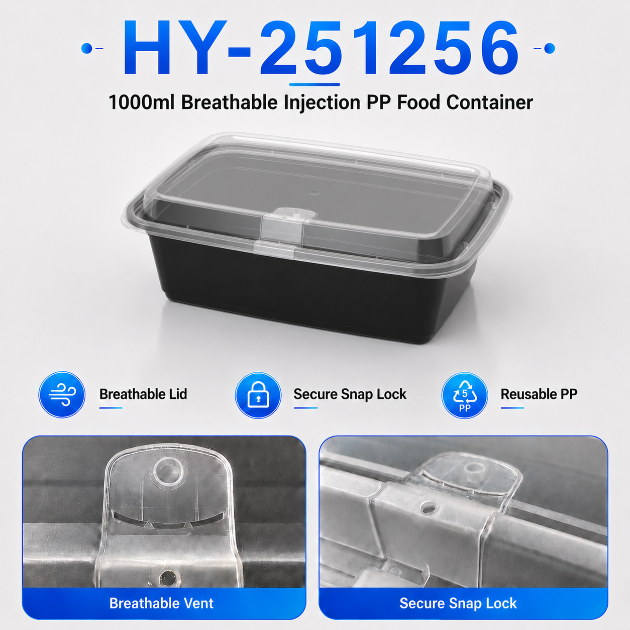 HY-251256 1250ml Vented Lid Injection Molded PP Food Container for Takeaway